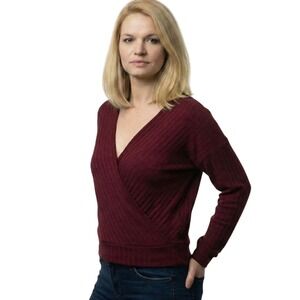 OGL Sweater Womens Small Burgundy Wrap Surplice V Neck Long Sleeve Ribbed Casual